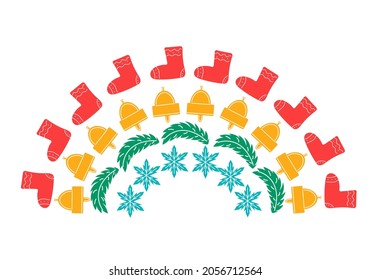 Christmas rainbow with snowflakes, new year tree, bells and santa socks isolated on white background. Vector holiday print and card