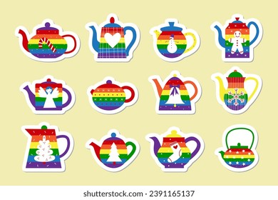 Christmas rainbow teapots stickers. Gay xmas drinks flat vector illustration set. Cozy winter holiday and new year lgbt flag colors clipart.