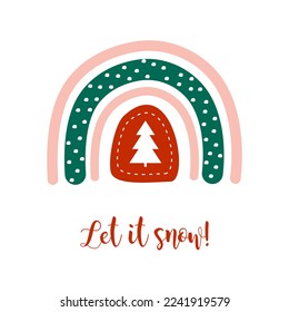 Christmas rainbow with tree. Winter element in boho style. Vector fun childish illustration for posters, stickers, textile, logo, greeting cards.
