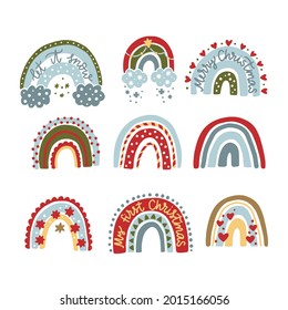 Christmas rainbow vector festive nursery trendy cartoon illustration set. Holiday kids greeting design. Hand drawn ornament scandinavian textile collection.