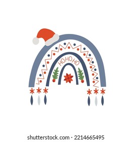 Christmas rainbow vector with red hat. Christmas holidays decor. Rainbow for party. Doodle cartoon style. Isolated on white background.