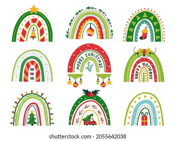 Weihnachtsregenbogen-Vektorset. Wintermuster darauf. Dekor an Feiertagen. Regenbogen für die Kinderparty. Doodle Cartoon Stil. Einzeln auf weißem Hintergrund.  