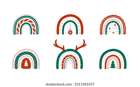 Christmas rainbows with new year elements. Winter clipart set in boho style. Vector fun childish illustration for posters, stickers, textile, logo, greeting cards.