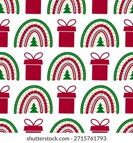 Christmas Rainbows seamless pattern. Hand drawn winter holidays background. Vector template  for fabric, textile, kids clothes, wallpaper, wrapping paper, scrapbooking, etc