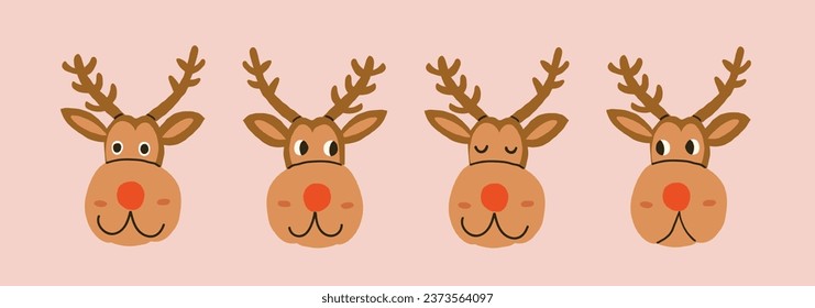 Christmas raindeer Rudolf character with different emotions. Christmas deer stickers, deer character