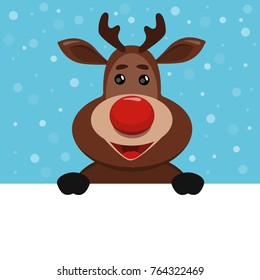 Christmas raindeer smiling vector with red nose for card, logo, banner, label, tag, design, xmas on blue background and snowflakes 