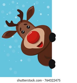 Christmas raindeer suprised vector with red nose for card, logo, banner, label, tag, design, xmas on blue background and snowflakes 