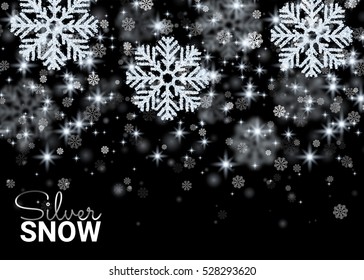 Christmas Random Falling Silver Shining Snowflakes. Happy New Year. Stars on Black Abstract Background. Invitation Postcard Paper Packaging. Vector illustration.