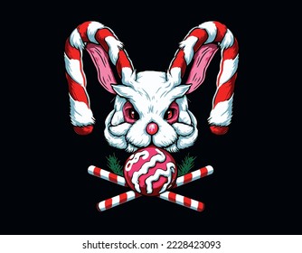 Christmas Rarty Poster With Santa Claus Bunny Skull Vintage Style. Vector Illustration. New Year creepy design