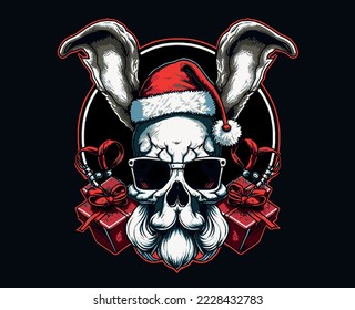 Christmas Rarty Poster With Santa Claus Bunny Skull Vintage Style. Vector Illustration. New Year creepy design