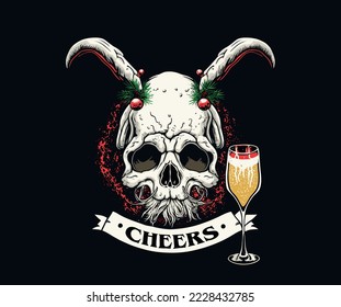 Christmas Rarty Poster With Santa Claus Bunny Skull Vintage Style. Vector Illustration. New Year creepy design