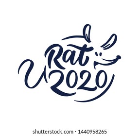 Christmas "Rat 2020" hand drawn lettering. Xmas red, lettering. Calligraphy on white background. Composition for banner, postcard, poster design element stories, posts, etc. Vector eps10