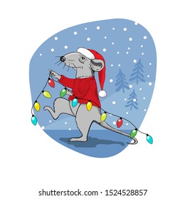Christmas rat with a gift. A rat dressed as Santa Claus carries a garland of colored light bulbs. Postcard. Complimentary ticket. Christmas.