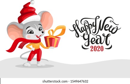 Christmas rat with Happy New Year typography. Animal character with gifts for greeting cards, calendars, banner. 2020 year of mouse. Vector cartoon illustration isolated on white background. 