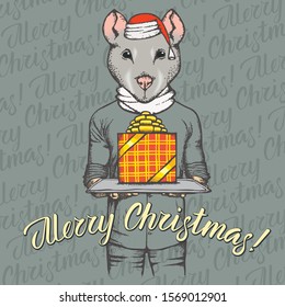 Ilustración vectorial de la Rata de Navidad. Cabeza de rata o ratón sobre el cuerpo humano y con letras alegres Navidad