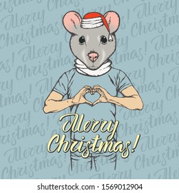 Christmas Rat vector illustration. Rat or Mouse head on human body and lettering merry Christmas