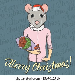 Christmas Rat vector illustration. Rat or Mouse head on human body and lettering merry Christmas