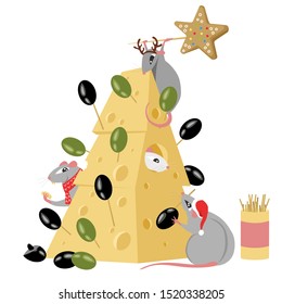 Christmas rats and cheese. mice decorate cheese in the form of Christmas trees with olives and cookies