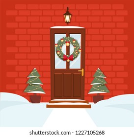 Christmas rdoor with wreath, snow and fir. Flat cartoon style vector illused tration.