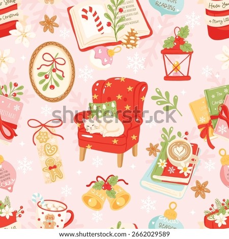 Christmas Reading Pattern, Cozy Holiday Seamless, Cute Bookish Christmas Digital Paper, Pastel Reading Pattern, Winter Book Pattern, PNG Background