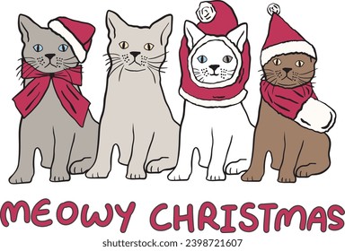 Christmas ready Cats Family-Collection of Christmas cats- Merry Christmas illustrations of cute cats wearing hats, scarves and bow- Meowy Christmas Isolated Cats-  Vector Art for tshirt,sweatshirts 