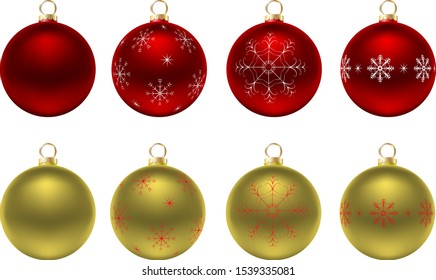 Christmas realistic 3d balls red and gold with an ornament of different types of snowflakes. Set of isolated vector elements on a transparent background for the New Year and Christmas decoration.