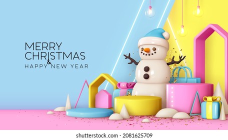 Christmas Realistic 3d design stand podium, round stage studio. Christmas Festive decorative objects. Happy New Year background pastel soft colors blue, pink and yellow. Vector illustration