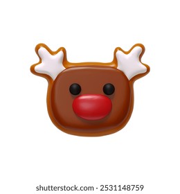 Christmas realistic 3d gingerbread cookies shape of funny face deer. Xmas food sweets baking isolated on white background. vector illustration