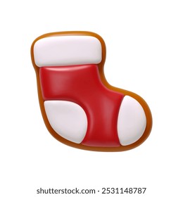 Christmas realistic 3d gingerbread cookies shape of red gift sock. Xmas food sweets baking isolated on white background. vector illustration