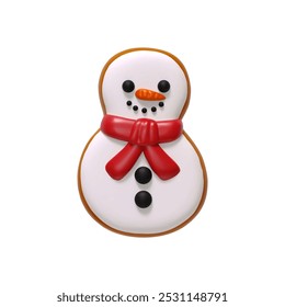 Christmas realistic 3d gingerbread cookies shape of cute snowman. Xmas food sweets baking isolated on white background. vector illustration