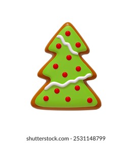 Christmas realistic 3d gingerbread cookies shape of a green tree. Xmas food sweets baking isolated on white background. vector illustration