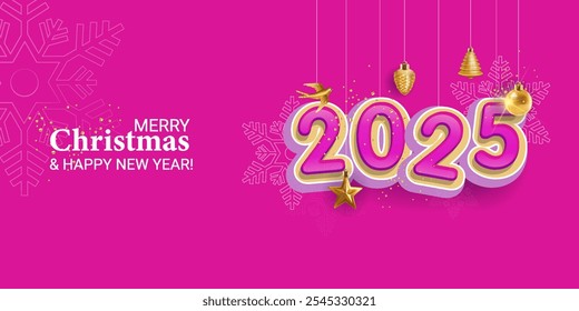 Christmas realistic 3d numbers 2025 . Happy New Year and Merry Christmas. A holiday card with toys, a star, a Christmas tree.Pink horizontal banner, web poster. Vector illustration