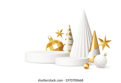 Christmas Realistic 3D trending backgrounds. 3D geometric minimalistic Christmas trees decoration for flyer, banner, advertisement. Vector illustration EPS10