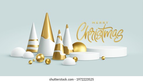 Christmas Realistic 3D trending backgrounds. 3D geometric minimalistic Christmas trees decoration for flyer, banner, advertisement. Vector illustration EPS10