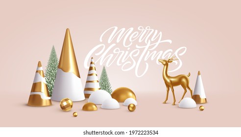 Christmas Realistic 3D trending backgrounds. 3D geometric minimalistic Christmas trees decoration for flyer, banner, advertisement. Vector illustration EPS10