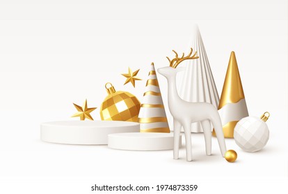 Christmas Realistic 3D trending backgrounds. 3D geometric minimalistic Christmas trees decoration for flyer, banner, advertisement. Vector illustration EPS10