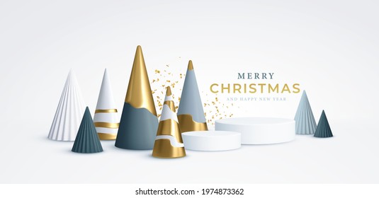 Christmas Realistic 3D trending backgrounds. 3D geometric minimalistic Christmas trees decoration for flyer, banner, advertisement. Vector illustration EPS10