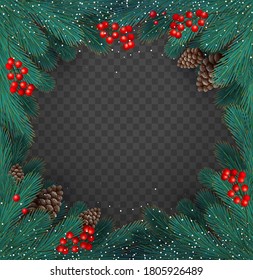 Christmas Realistic Background with fir tree branches, cones, and red berries.