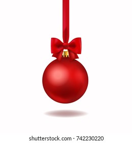 Christmas realistic  ball isolated with red bow.