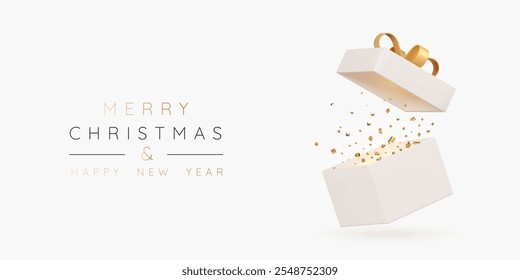 Christmas realistic beige open gift box with exploding golden confetti. Happy New Year and Merry Xmas poster or greeting card. Birthday surprise. Holiday background with space. 3D Vector illustration