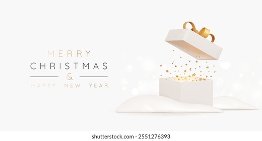 Caja de regalo abierta beige realista de las Navidades con el confeti dorado explosivo. Feliz Año Nuevo y Feliz Navidad cartel o tarjeta de felicitación. Sorpresa de cumpleaños. Fondo de Festiva con espacio. Ilustración vectorial 3D