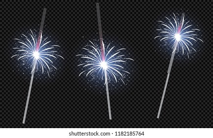Christmas realistic bengal light effect. Isolated sparkler light vector design elements. Transparent template of glowing sparkler for Xmas Holiday greeting card design. Happy New Year decoration light
