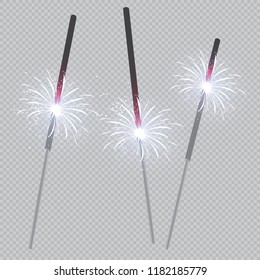 Christmas realistic bengal light effect. Isolated sparkler light vector design elements. Transparent template of glowing sparkler for Xmas Holiday greeting card design. Happy New Year decoration light