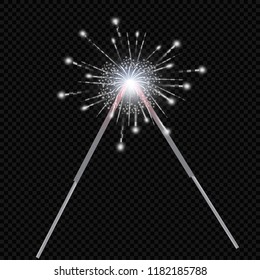 Christmas realistic bengal light effect. Isolated sparkler light vector design elements. Transparent template of glowing sparkler for Xmas Holiday greeting card design. Happy New Year decoration light