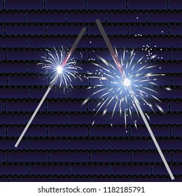 Christmas realistic bengal light effect. Isolated sparkler light vector design elements. Transparent template of glowing sparkler for Xmas Holiday greeting card design. Happy New Year decoration light