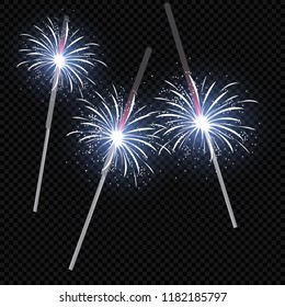 Christmas realistic bengal light effect. Isolated sparkler light vector design elements. Transparent template of glowing sparkler for Xmas Holiday greeting card design. Happy New Year decoration light