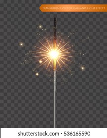 Christmas realistic bengal light effect. Isolated sparkler light vector design elements. Transparent template of glowing sparkler for Xmas Holiday greeting card design. Happy New Year decoration light