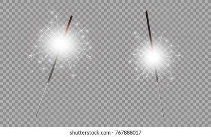 Christmas realistic bengal light effect. Isolated sparkler light vector design elements. Transparent template of glowing sparkler for Xmas Holiday greeting card design. Happy New Year decoration light