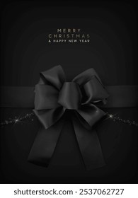 Christmas realistic black satin ribbon and bow, string beads. Gift bow template. Xmas banner, web poster, design for flyer, brochure, holiday invitations. Happy new year gift card. Vector illustration