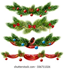 Christmas realistic borders set with pine tree and decorations isolated vector illustration 